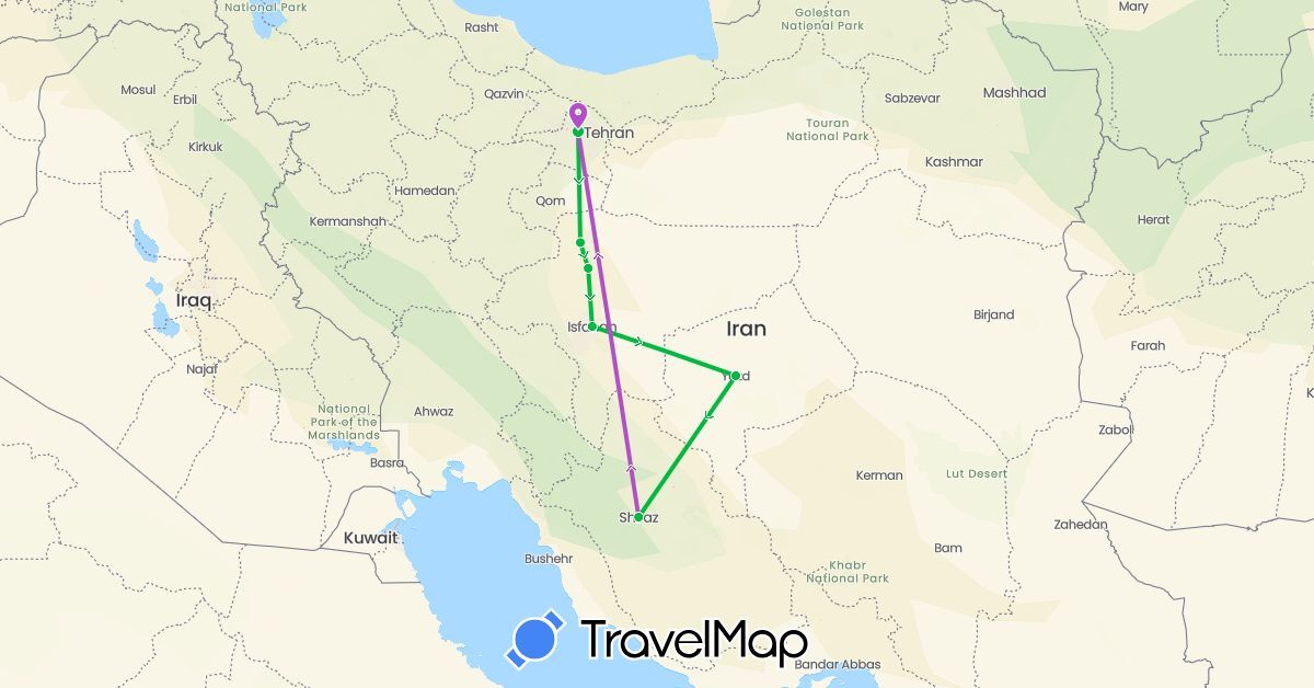 TravelMap itinerary: driving, bus, train in Iran (Asia)